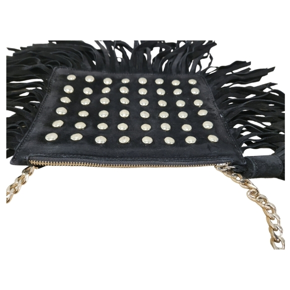 𝅺ALICE+OLIVIA Black Suede Fringe Studded Tassel Crossbody Bag - Picture 9 of 15